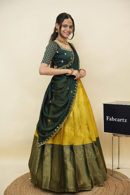 Beautiful South Indian Style Half Saree with Embroidery Work and Beads Work Blouse and Dupatta for Women | Reet KV