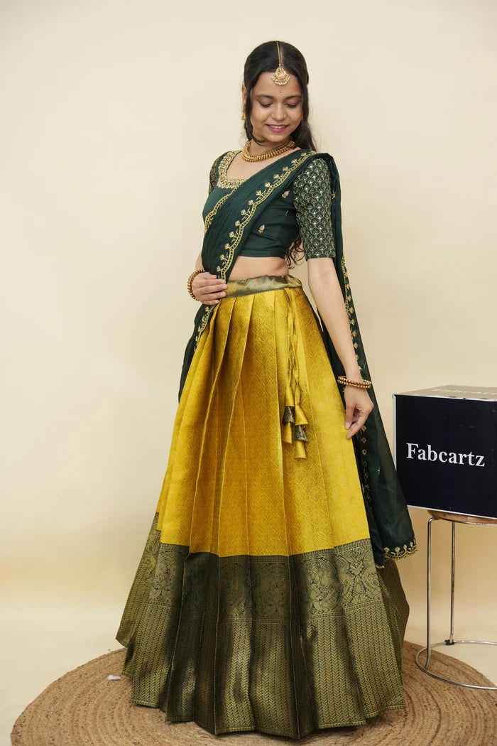 Beautiful South Indian Style Half Saree with Embroidery Work and Beads Work Blouse and Dupatta for Women | Reet KV