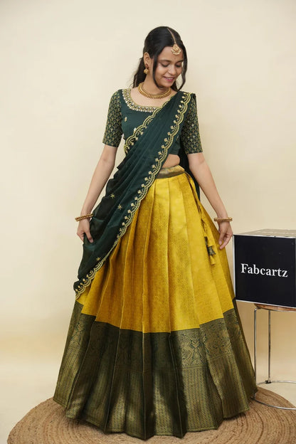 Beautiful South Indian Style Half Saree with Embroidery Work and Beads Work Blouse and Dupatta for Women | Reet KV