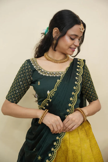 Beautiful South Indian Style Half Saree with Embroidery Work and Beads Work Blouse and Dupatta for Women | Reet KV