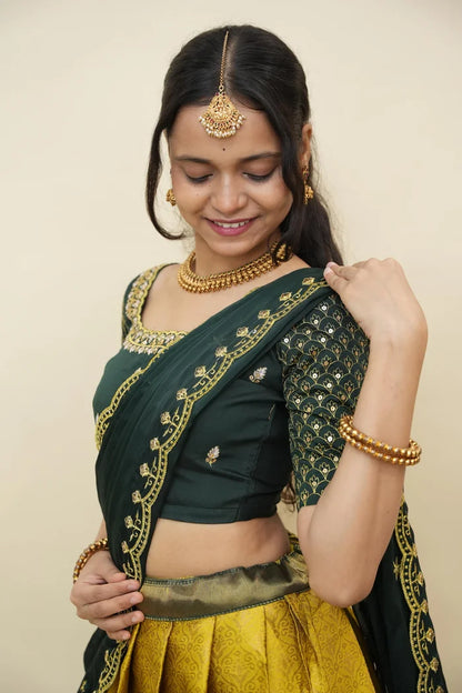 Beautiful South Indian Style Half Saree with Embroidery Work and Beads Work Blouse and Dupatta for Women | Reet KV