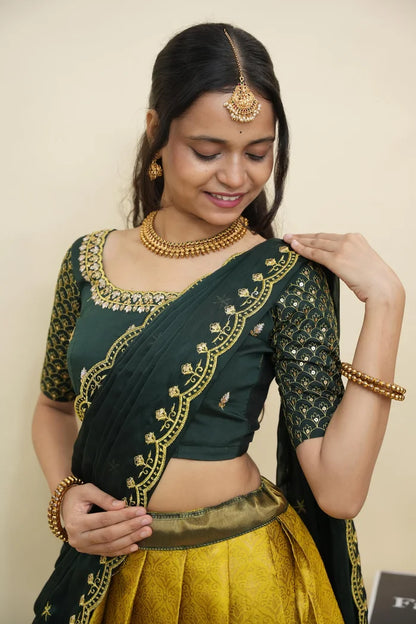Beautiful South Indian Style Half Saree with Embroidery Work and Beads Work Blouse and Dupatta for Women | Reet KV