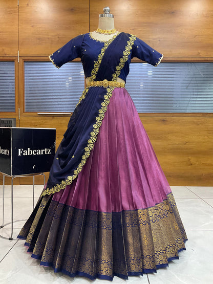Beautiful South Indian Style Half Saree with (Hand Work) Beads Work Blouse and Dupatta for Women | Jyotiii