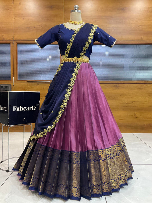 Beautiful South Indian Style Half Saree with (Hand Work) Beads Work Blouse and Dupatta for Women | Jyotiii