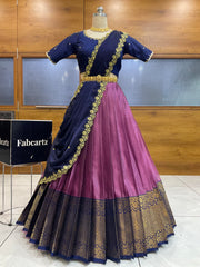 Beautiful South Indian Style Half Saree with (Hand Work) Beads Work Blouse and Dupatta for Women | Jyotiii
