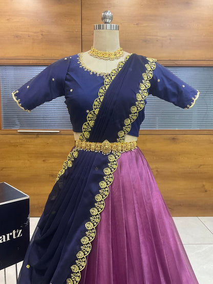 Beautiful South Indian Style Half Saree with (Hand Work) Beads Work Blouse and Dupatta for Women | Jyotiii