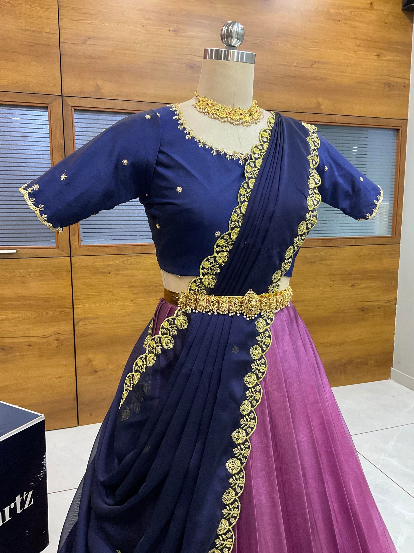 Beautiful South Indian Style Half Saree with (Hand Work) Beads Work Blouse and Dupatta for Women | Jyotiii