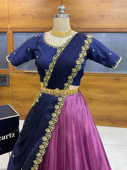 Beautiful South Indian Style Half Saree with (Hand Work) Beads Work Blouse and Dupatta for Women | Jyotiii