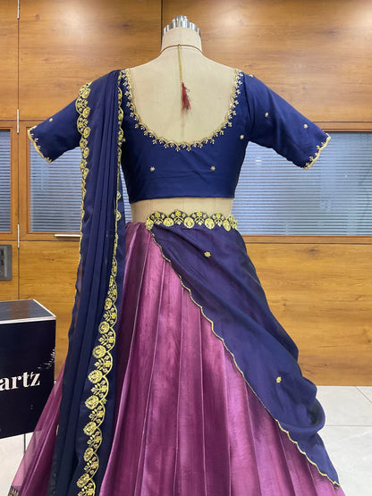 Beautiful South Indian Style Half Saree with (Hand Work) Beads Work Blouse and Dupatta for Women | Jyotiii
