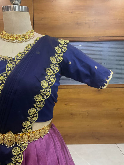 Beautiful South Indian Style Half Saree with (Hand Work) Beads Work Blouse and Dupatta for Women | Jyotiii