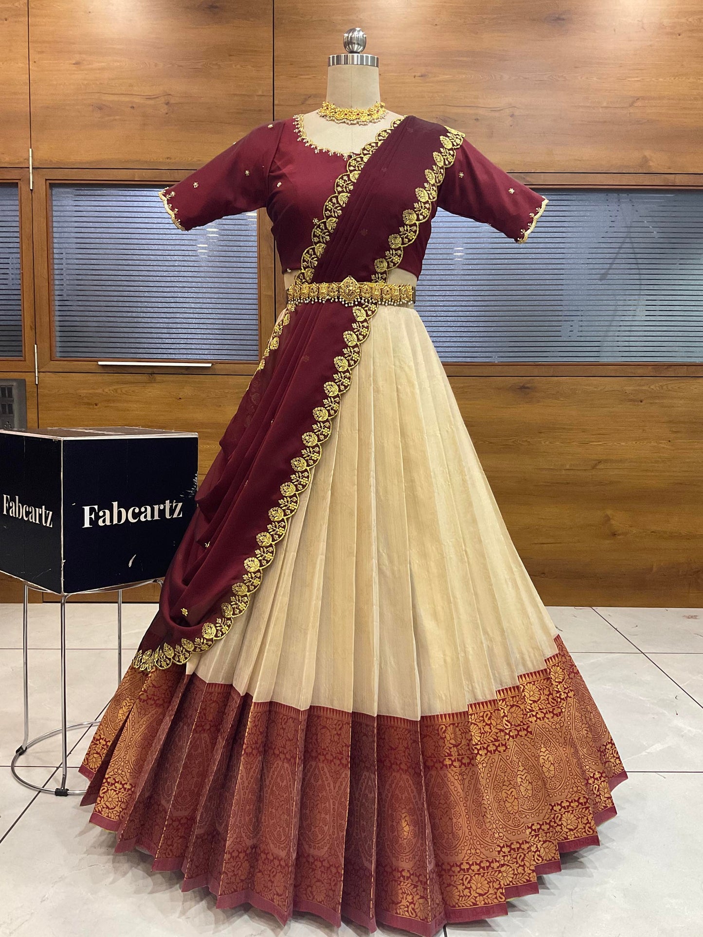 Beautiful South Indian Style Half Saree with (Hand Work) Beads Work Blouse and Dupatta for Women | Jyotiii