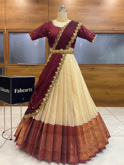 Beautiful South Indian Style Half Saree with (Hand Work) Beads Work Blouse and Dupatta for Women | Jyotiii