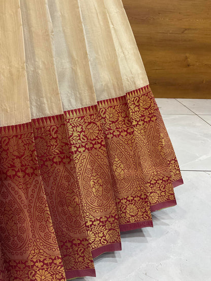 Beautiful South Indian Style Half Saree with (Hand Work) Beads Work Blouse and Dupatta for Women | Jyotiii