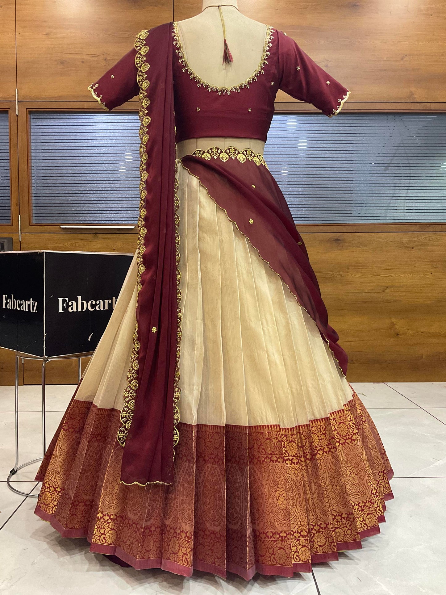 Beautiful South Indian Style Half Saree with (Hand Work) Beads Work Blouse and Dupatta for Women | Jyotiii