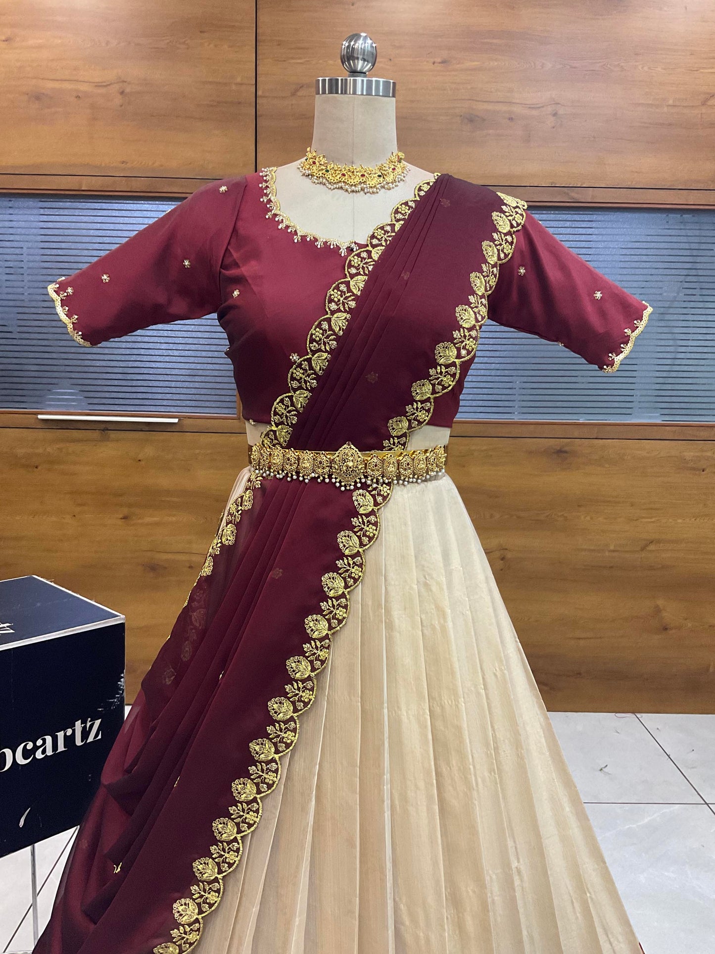Beautiful South Indian Style Half Saree with (Hand Work) Beads Work Blouse and Dupatta for Women | Jyotiii