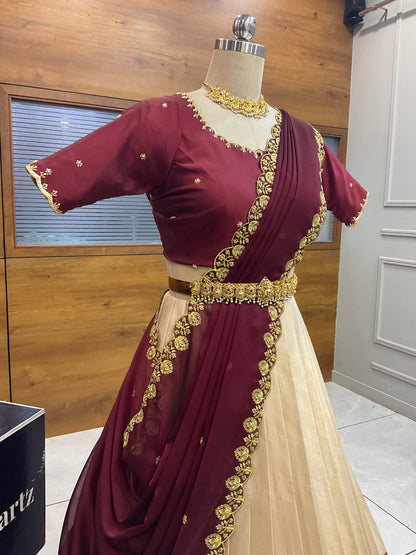 Beautiful South Indian Style Half Saree with (Hand Work) Beads Work Blouse and Dupatta for Women | Jyotiii