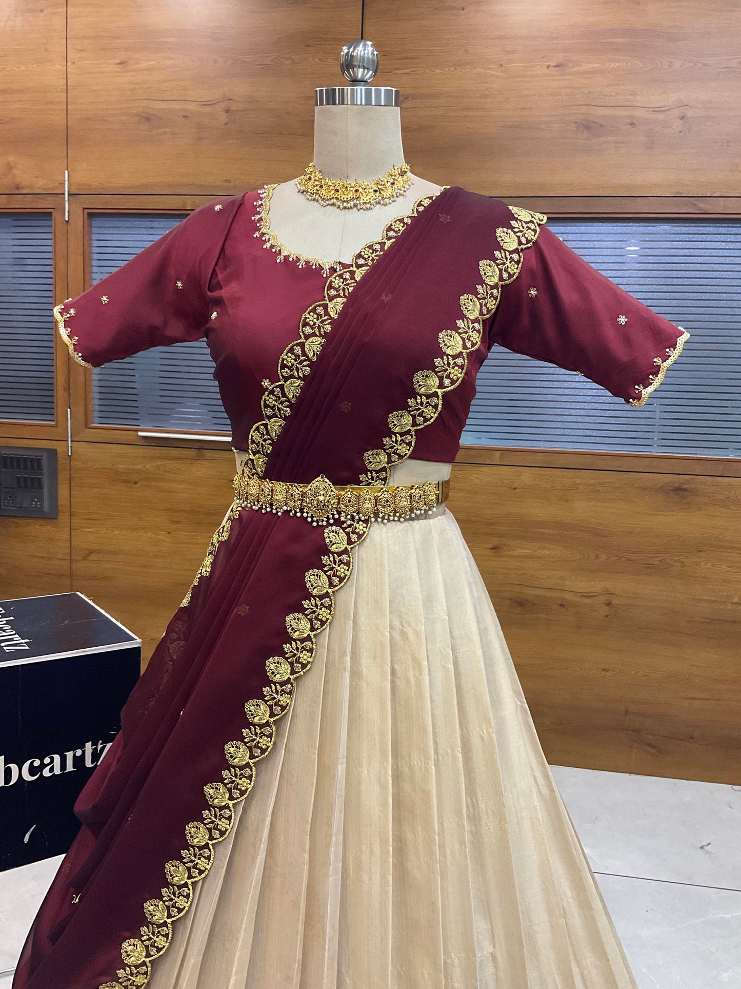 Beautiful South Indian Style Half Saree with (Hand Work) Beads Work Blouse and Dupatta for Women | Jyotiii