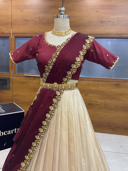 Beautiful South Indian Style Half Saree with (Hand Work) Beads Work Blouse and Dupatta for Women | Jyotiii