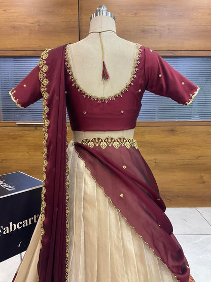Beautiful South Indian Style Half Saree with (Hand Work) Beads Work Blouse and Dupatta for Women | Jyotiii