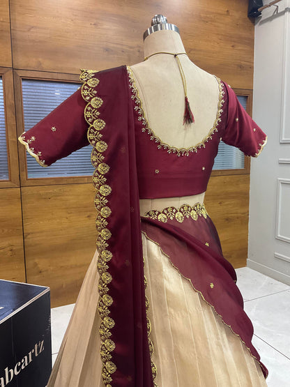 Beautiful South Indian Style Half Saree with (Hand Work) Beads Work Blouse and Dupatta for Women | Jyotiii