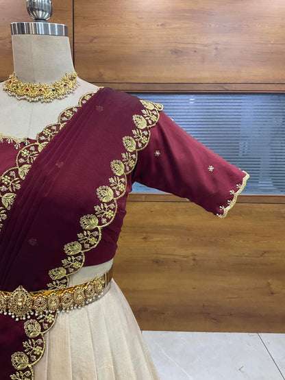 Beautiful South Indian Style Half Saree with (Hand Work) Beads Work Blouse and Dupatta for Women | Jyotiii