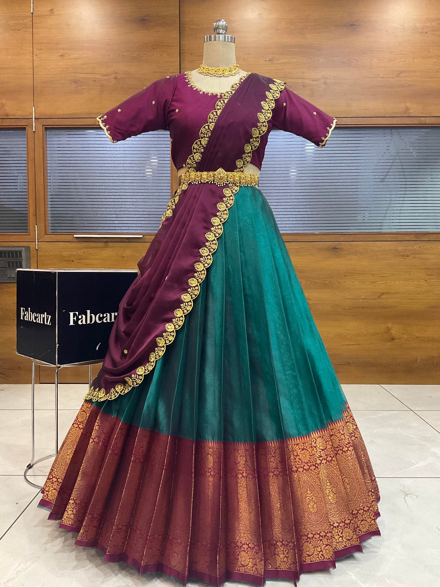 Beautiful South Indian Style Half Saree with (Hand Work) Beads Work Blouse and Dupatta for Women | Jyotiii