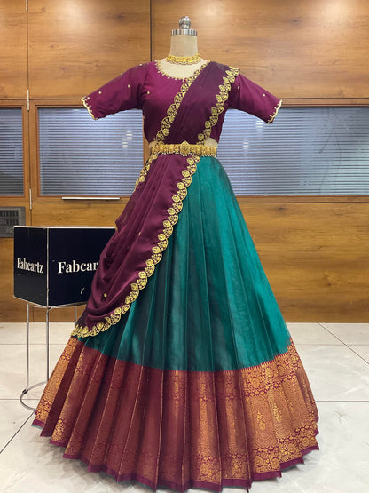Beautiful South Indian Style Half Saree with (Hand Work) Beads Work Blouse and Dupatta for Women | Jyotiii