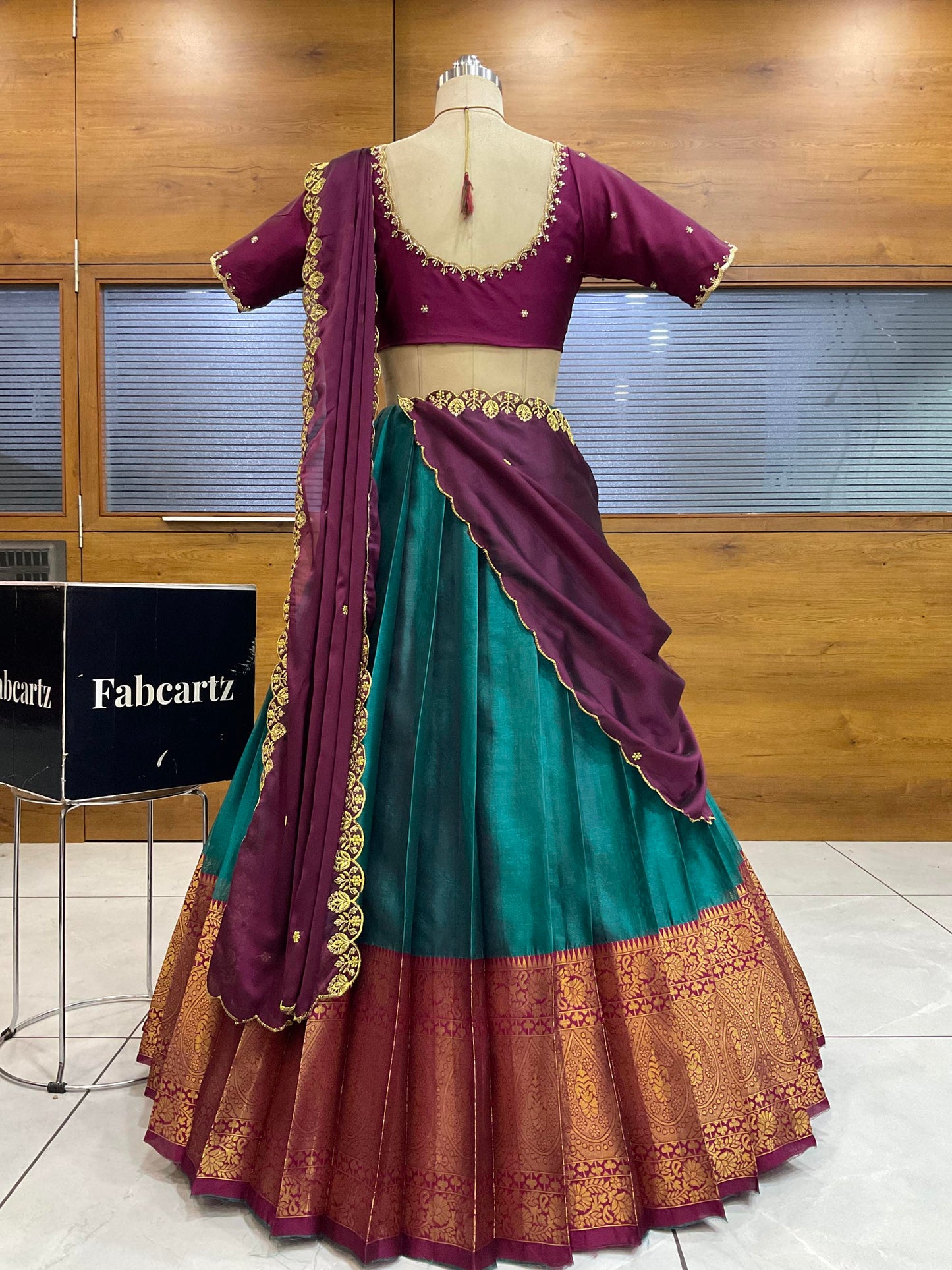 Beautiful South Indian Style Half Saree with (Hand Work) Beads Work Blouse and Dupatta for Women | Jyotiii
