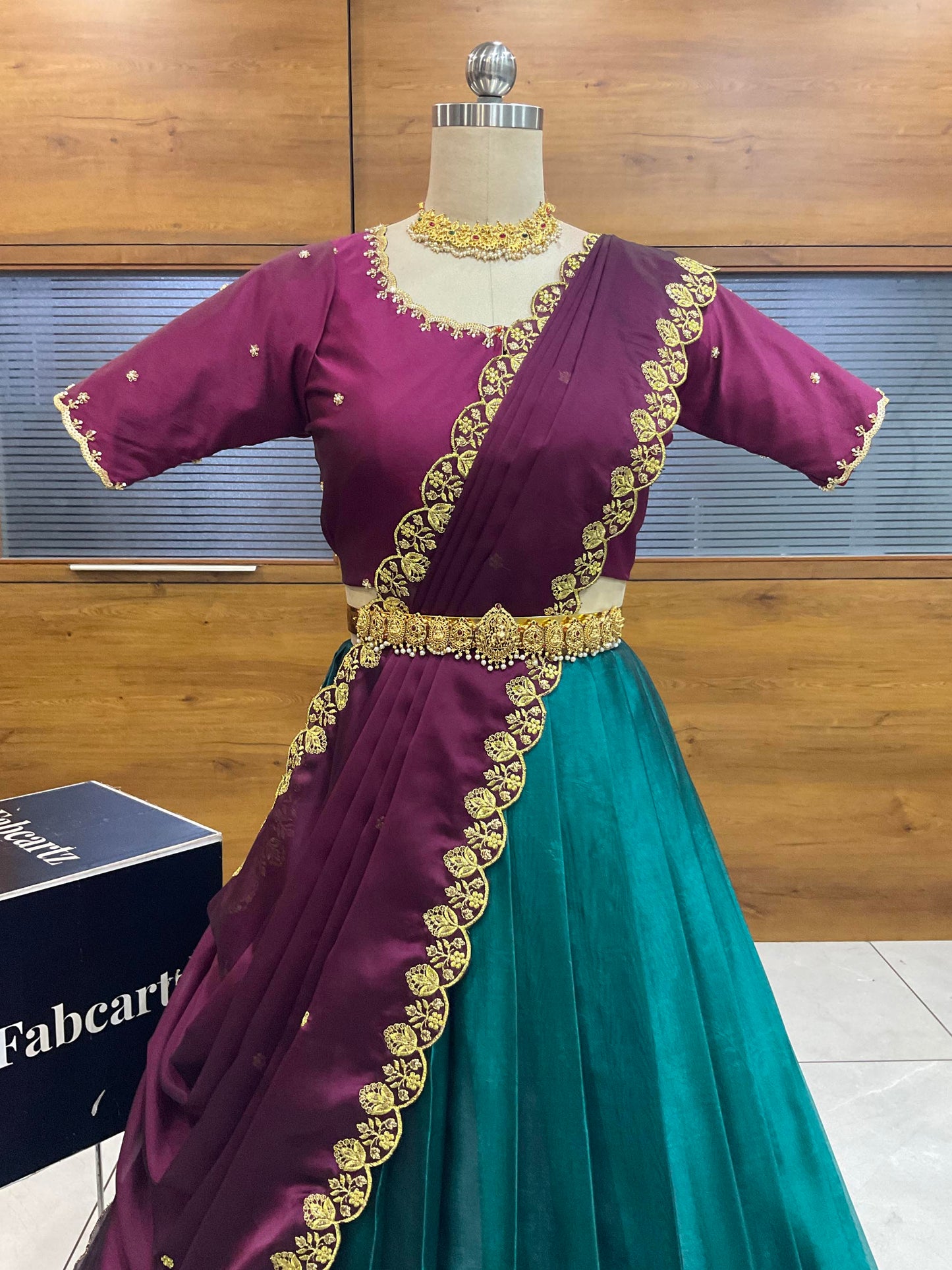 Beautiful South Indian Style Half Saree with (Hand Work) Beads Work Blouse and Dupatta for Women | Jyotiii
