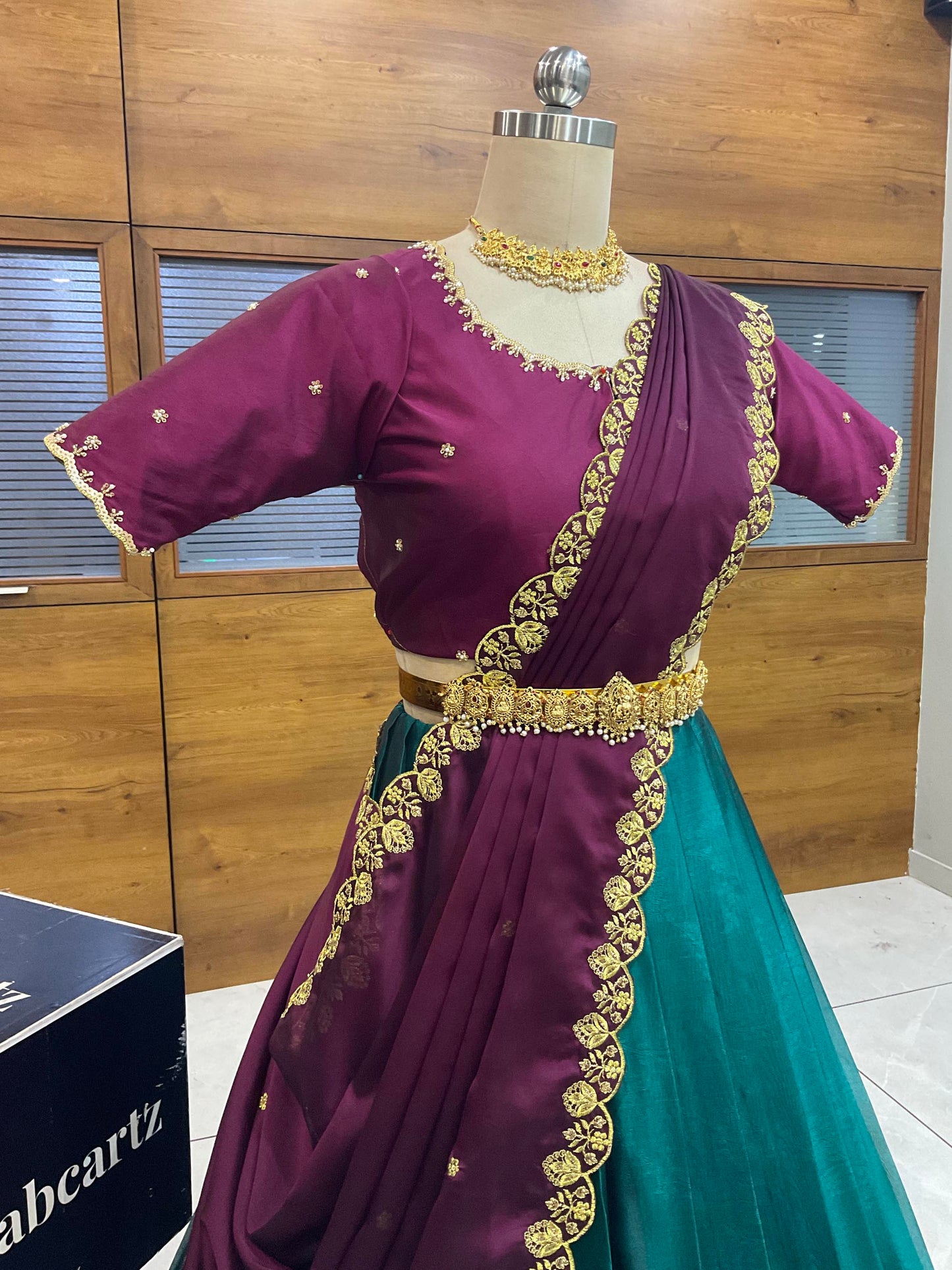 Beautiful South Indian Style Half Saree with (Hand Work) Beads Work Blouse and Dupatta for Women | Jyotiii