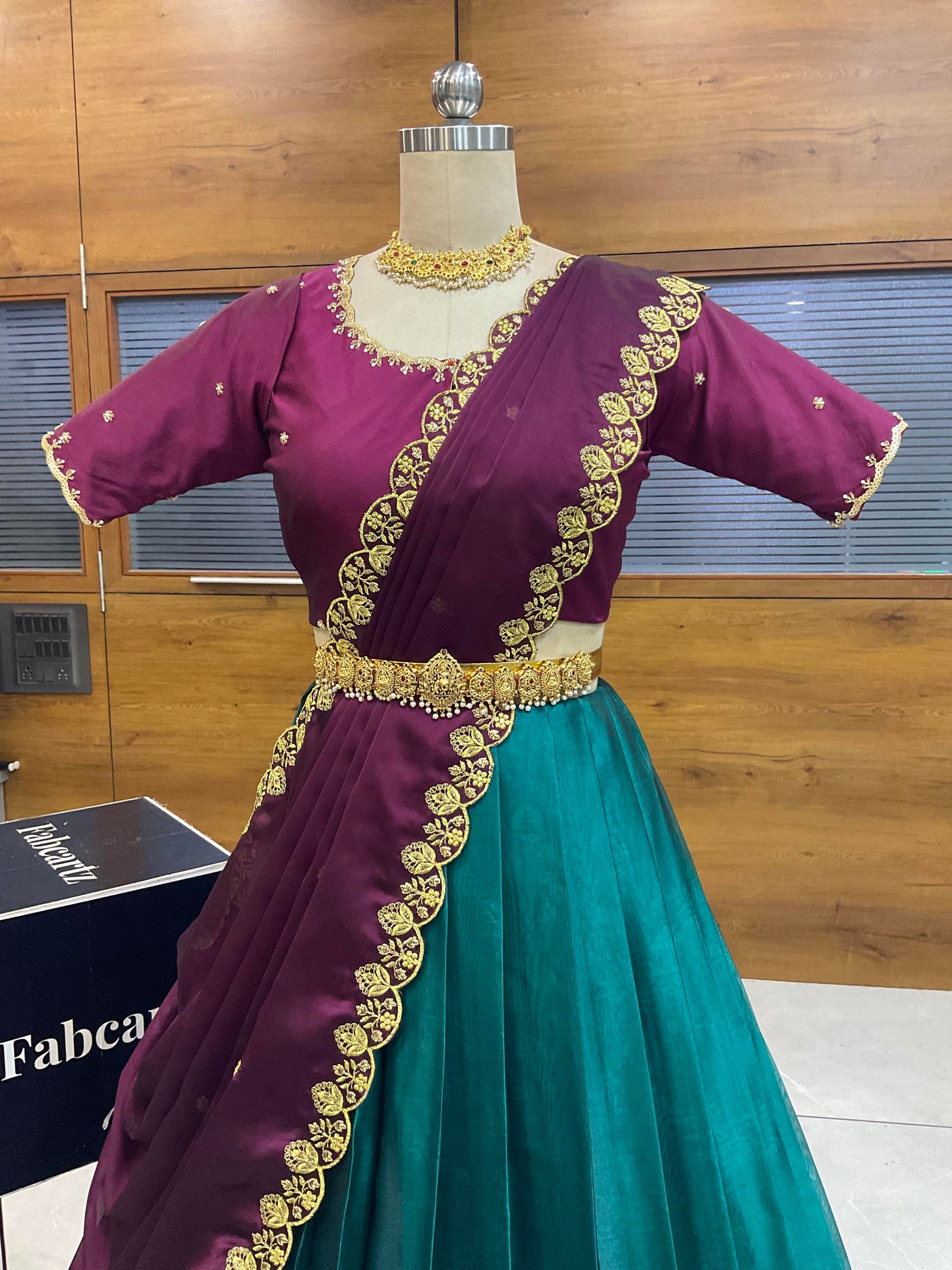Beautiful South Indian Style Half Saree with (Hand Work) Beads Work Blouse and Dupatta for Women | Jyotiii