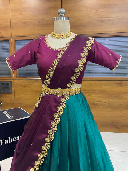 Beautiful South Indian Style Half Saree with (Hand Work) Beads Work Blouse and Dupatta for Women | Jyotiii