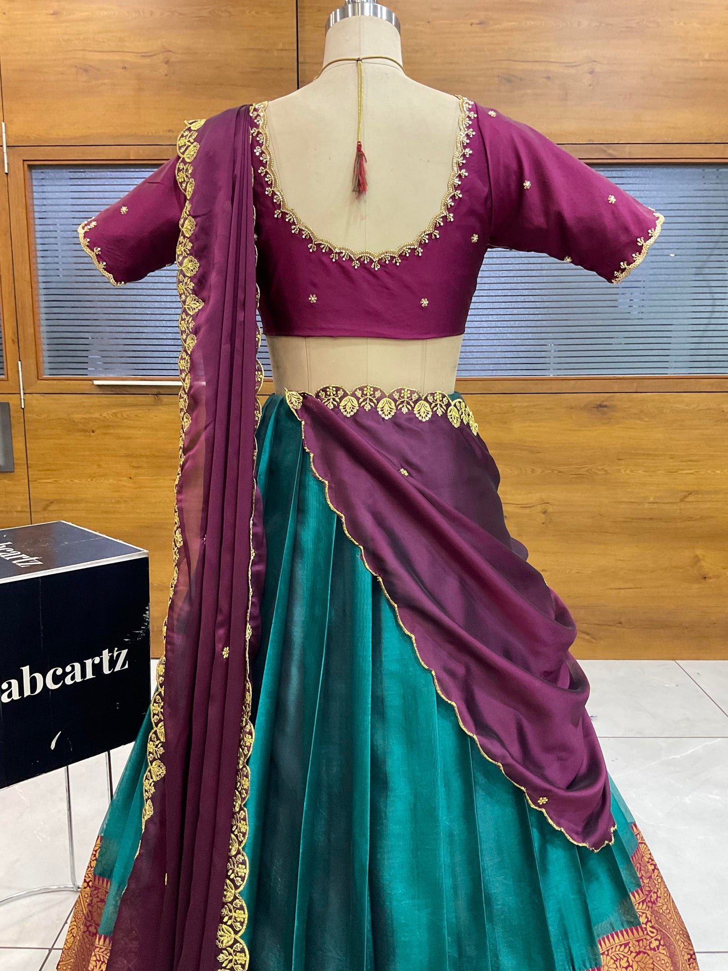 Beautiful South Indian Style Half Saree with (Hand Work) Beads Work Blouse and Dupatta for Women | Jyotiii