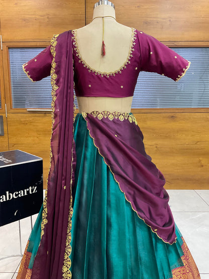 Beautiful South Indian Style Half Saree with (Hand Work) Beads Work Blouse and Dupatta for Women | Jyotiii