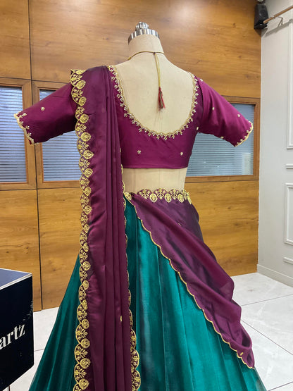 Beautiful South Indian Style Half Saree with (Hand Work) Beads Work Blouse and Dupatta for Women | Jyotiii