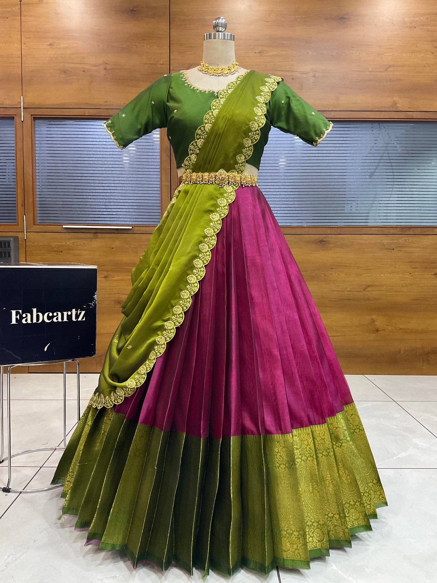 Beautiful South Indian Style Half Saree with (Hand Work) Beads Work Blouse and Dupatta for Women | Jyotiii