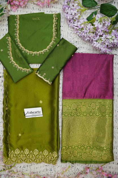 Beautiful South Indian Style Half Saree with (Hand Work) Beads Work Blouse and Dupatta for Women | Jyotiii