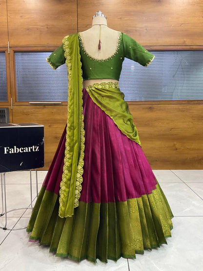 Beautiful South Indian Style Half Saree with (Hand Work) Beads Work Blouse and Dupatta for Women | Jyotiii