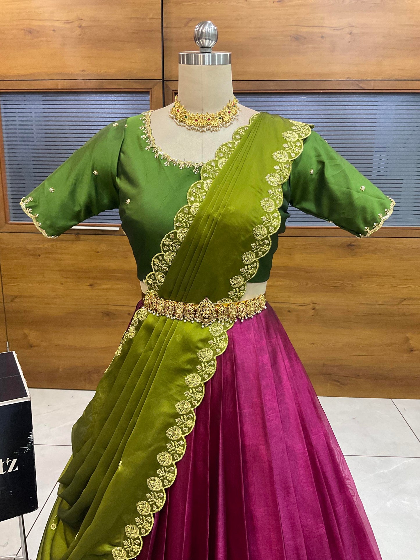 Beautiful South Indian Style Half Saree with (Hand Work) Beads Work Blouse and Dupatta for Women | Jyotiii
