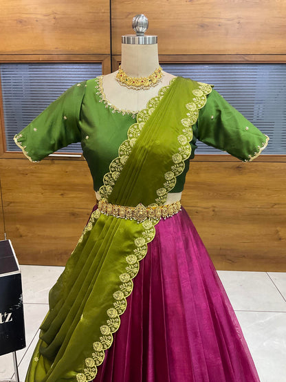 Beautiful South Indian Style Half Saree with (Hand Work) Beads Work Blouse and Dupatta for Women | Jyotiii