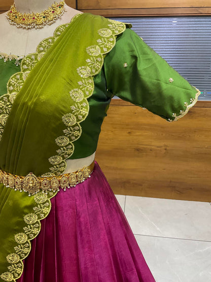 Beautiful South Indian Style Half Saree with (Hand Work) Beads Work Blouse and Dupatta for Women | Jyotiii