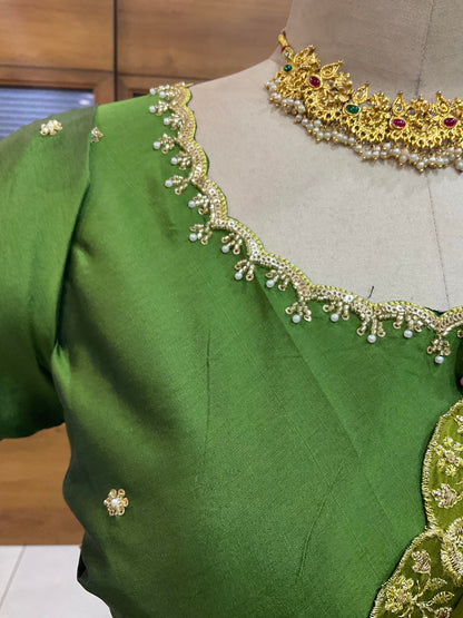 Beautiful South Indian Style Half Saree with (Hand Work) Beads Work Blouse and Dupatta for Women | Jyotiii