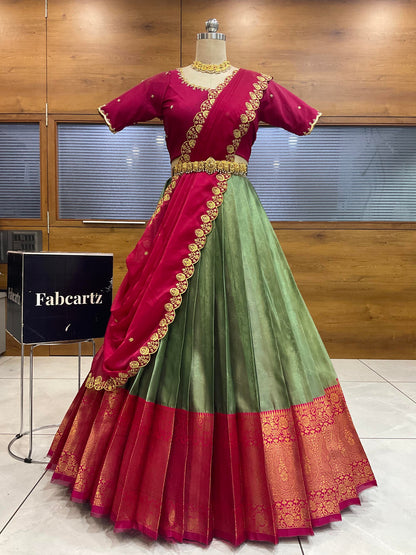 Beautiful South Indian Style Half Saree with (Hand Work) Beads Work Blouse and Dupatta for Women | Jyotiii