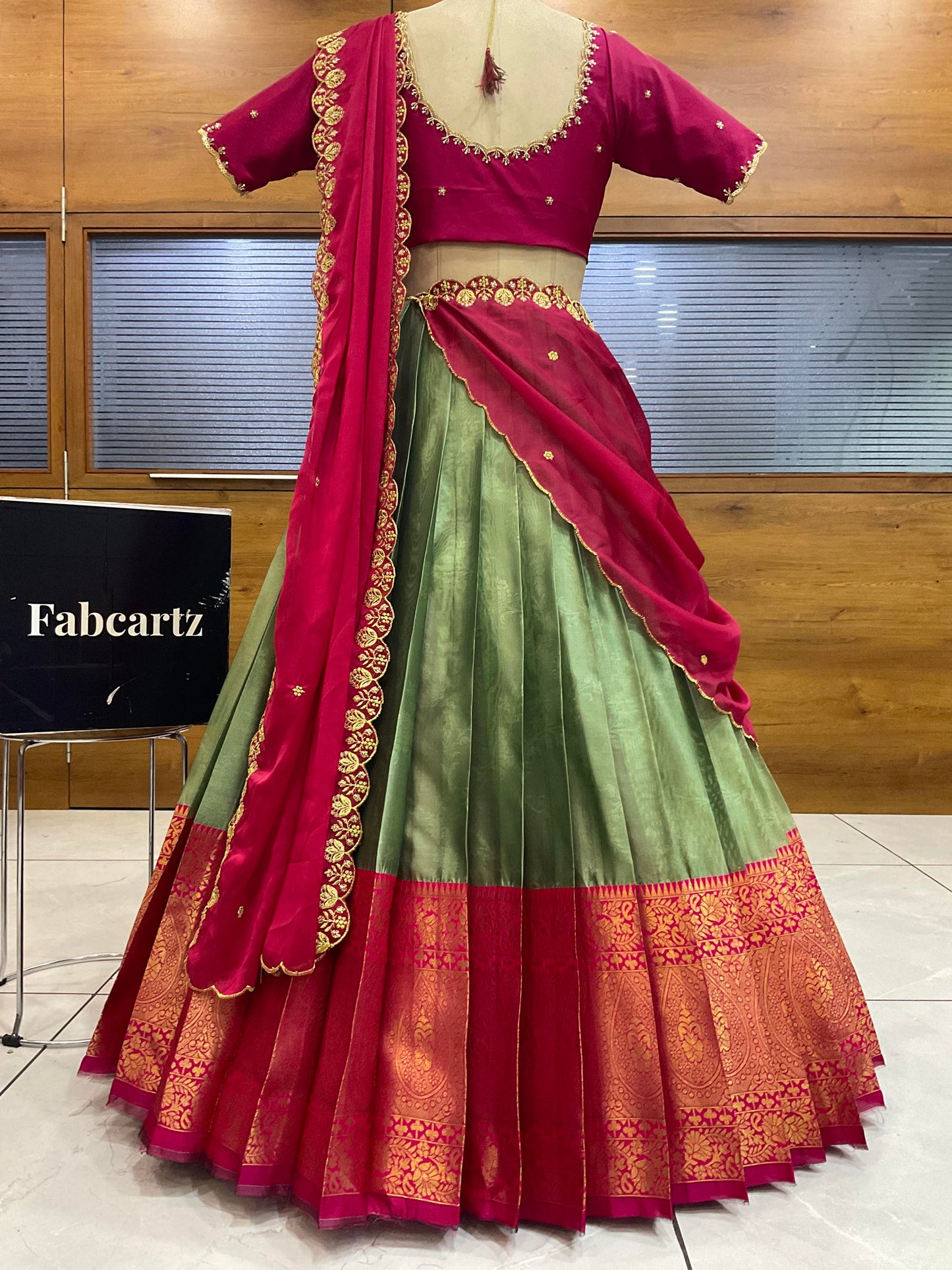 Beautiful South Indian Style Half Saree with (Hand Work) Beads Work Blouse and Dupatta for Women | Jyotiii