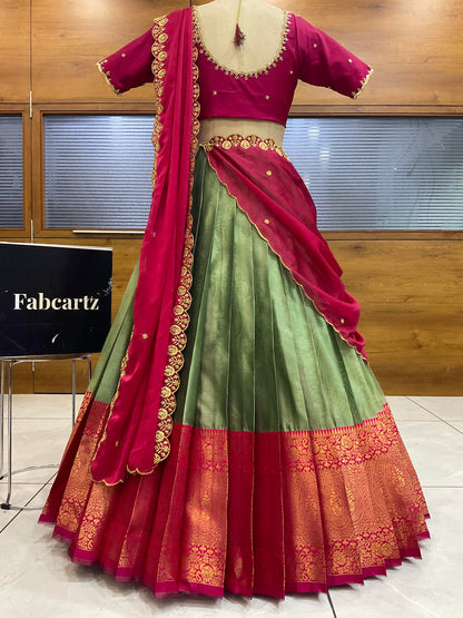 Beautiful South Indian Style Half Saree with (Hand Work) Beads Work Blouse and Dupatta for Women | Jyotiii
