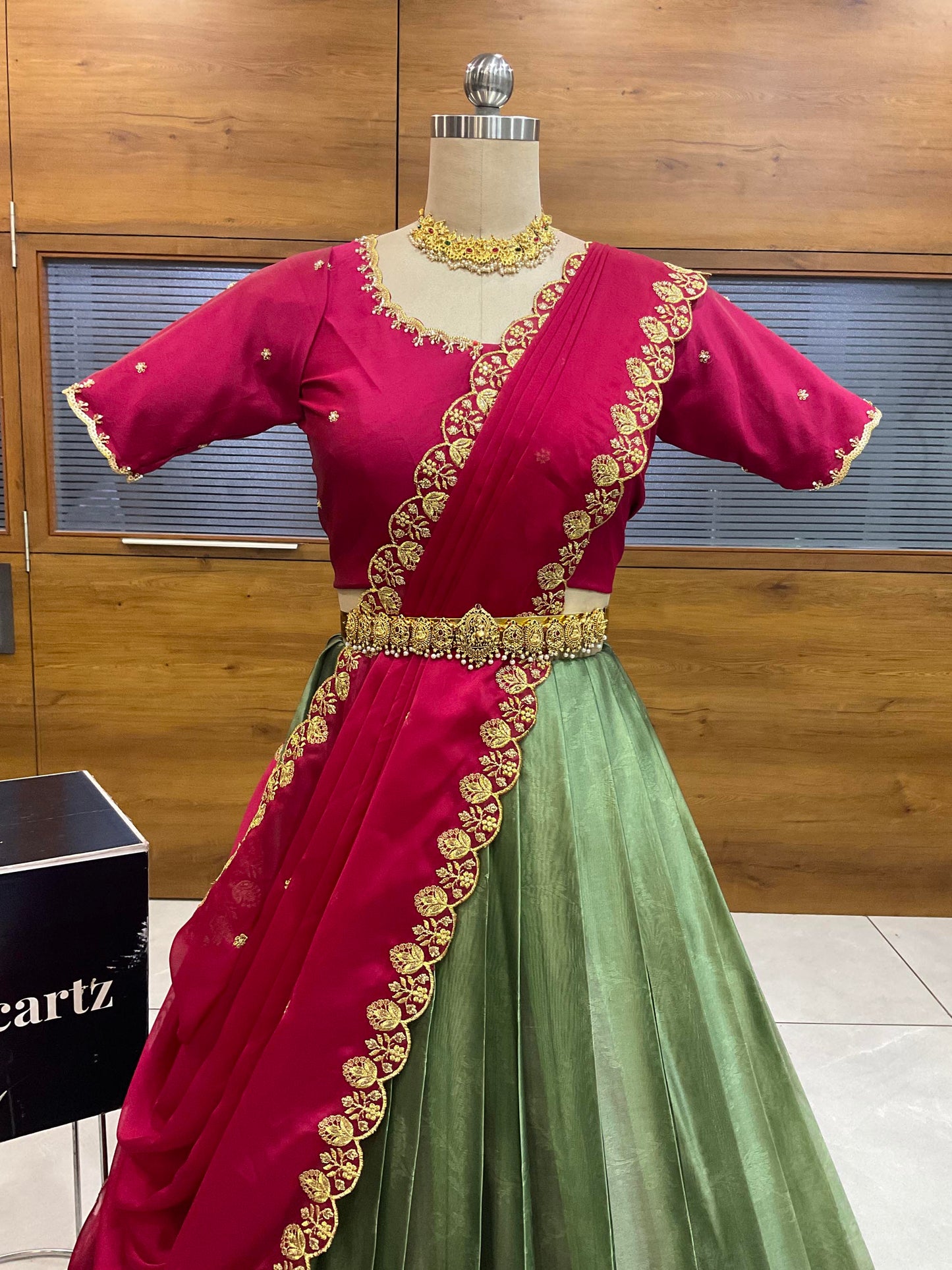 Beautiful South Indian Style Half Saree with (Hand Work) Beads Work Blouse and Dupatta for Women | Jyotiii