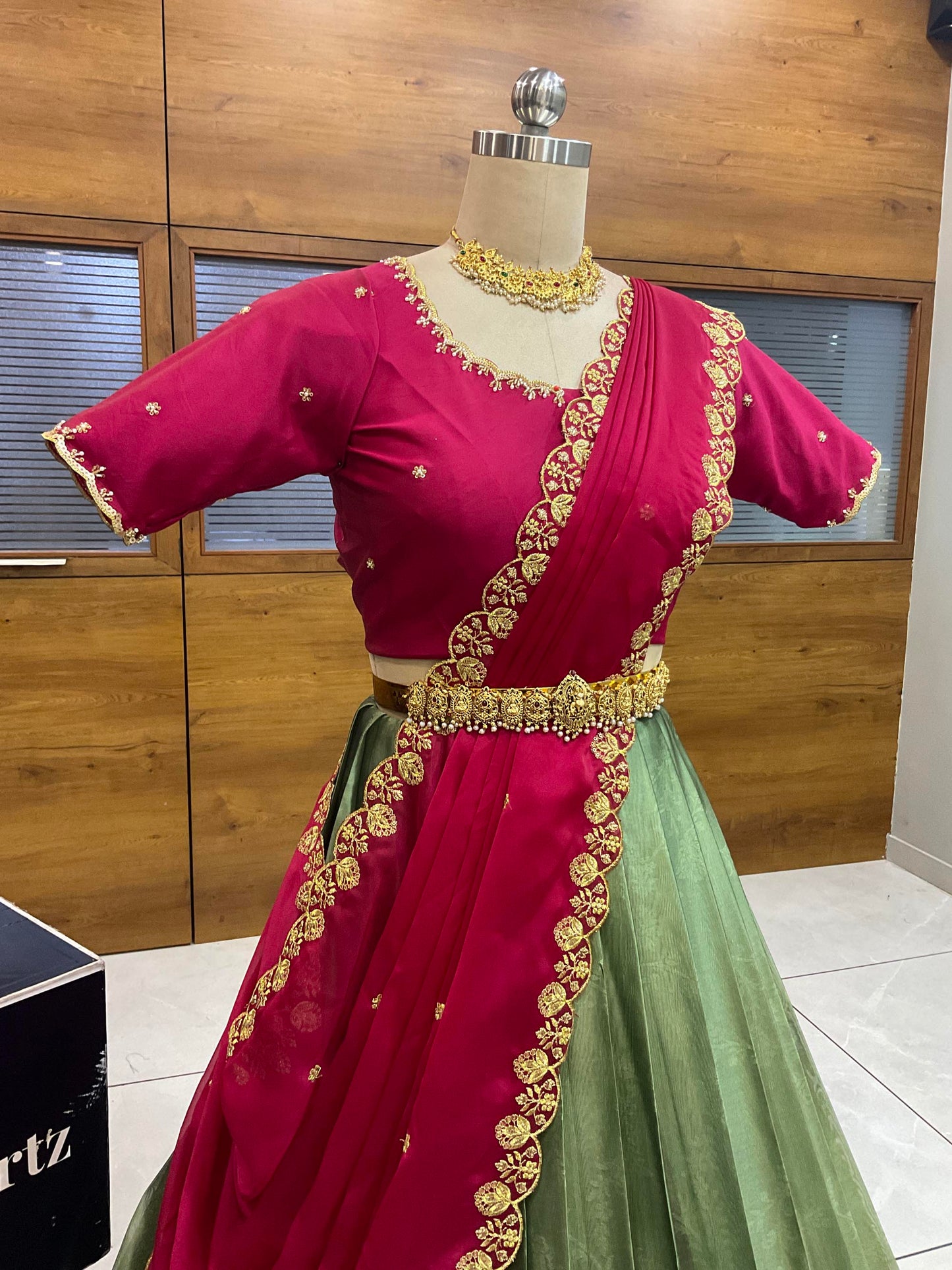 Beautiful South Indian Style Half Saree with (Hand Work) Beads Work Blouse and Dupatta for Women | Jyotiii