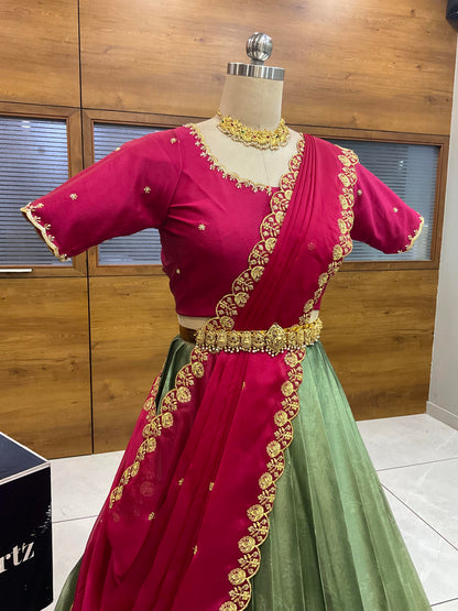 Beautiful South Indian Style Half Saree with (Hand Work) Beads Work Blouse and Dupatta for Women | Jyotiii
