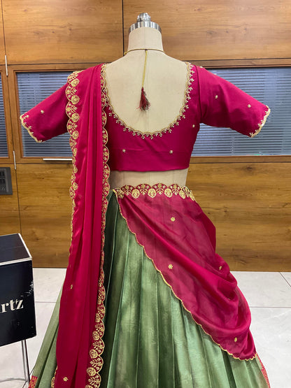 Beautiful South Indian Style Half Saree with (Hand Work) Beads Work Blouse and Dupatta for Women | Jyotiii