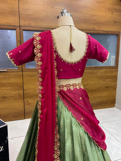 Beautiful South Indian Style Half Saree with (Hand Work) Beads Work Blouse and Dupatta for Women | Jyotiii
